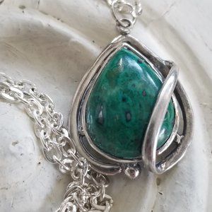 Teal Green Blue Agate Teardrop Gemstone & Sterling Necklace